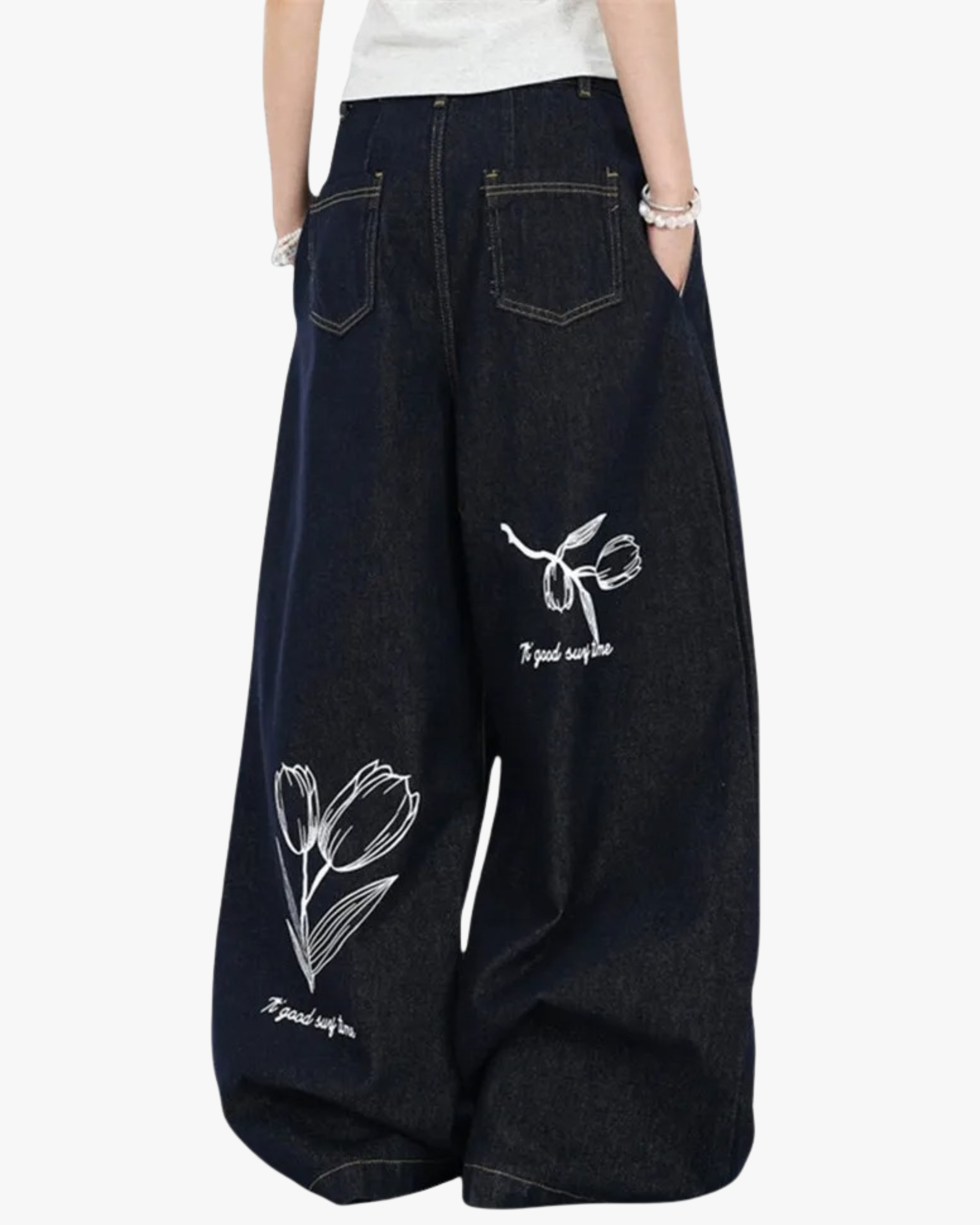 Tulip Script Wide-Leg Denim Trousers